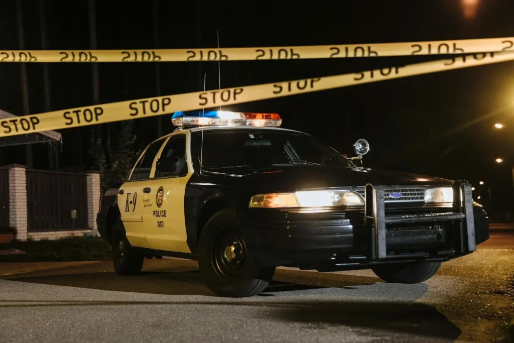 Police Car Parked Beside the Crime Scene