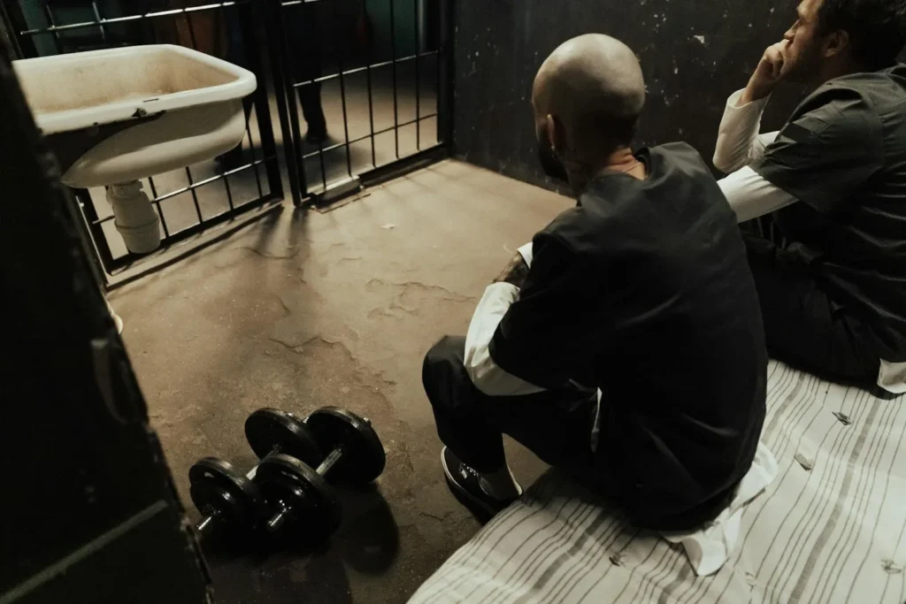 Prisoners sitting on bed  in jail during an appeal 