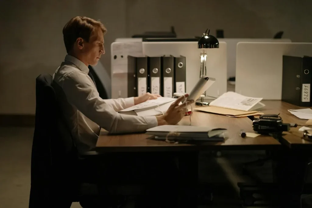 Lawyer looking through case files in the office